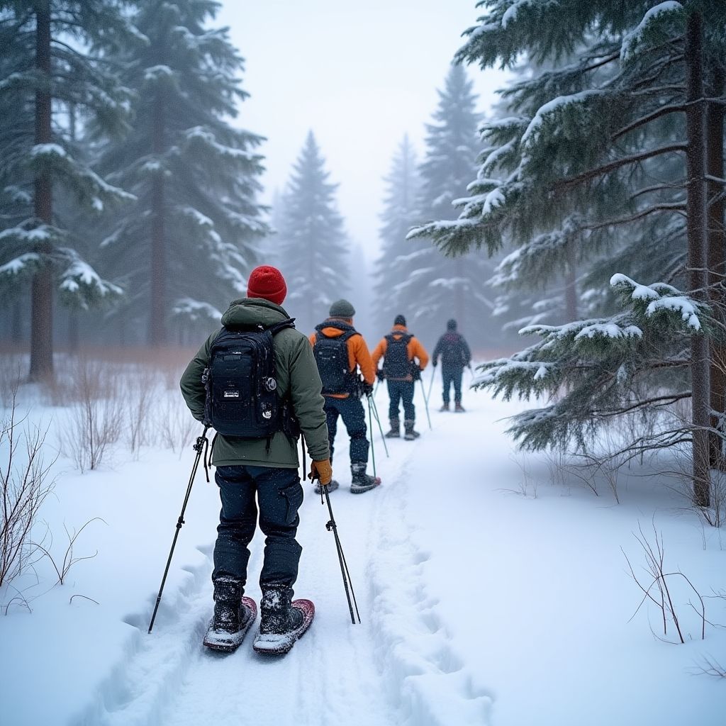 Researchers tracking wildlife in snowy forest