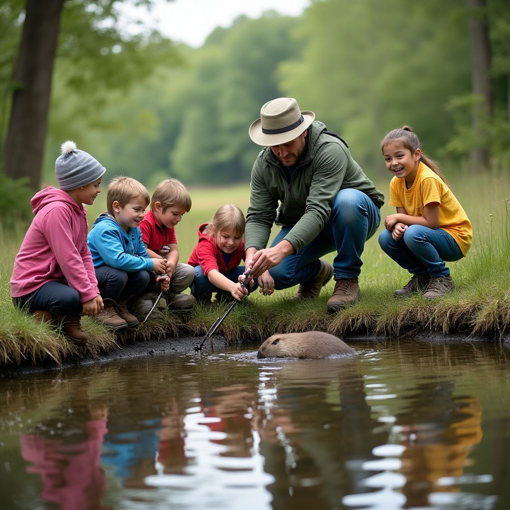 Educational tour with children learning about beaver habitats