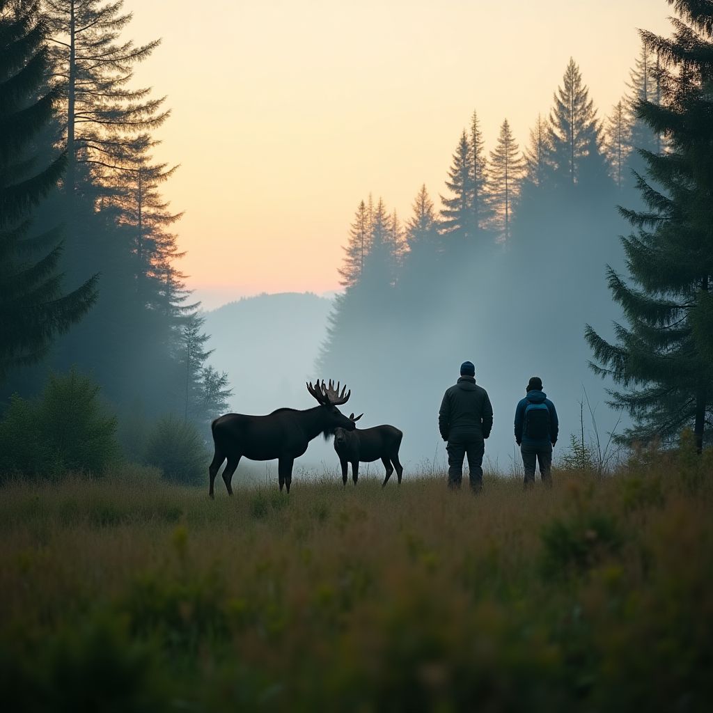 Team of wildlife researchers observing moose in Canadian forest