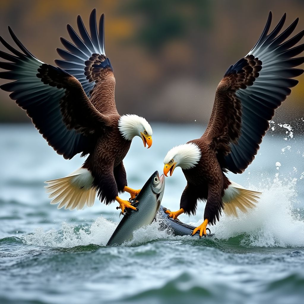 Bald eagles fishing in river