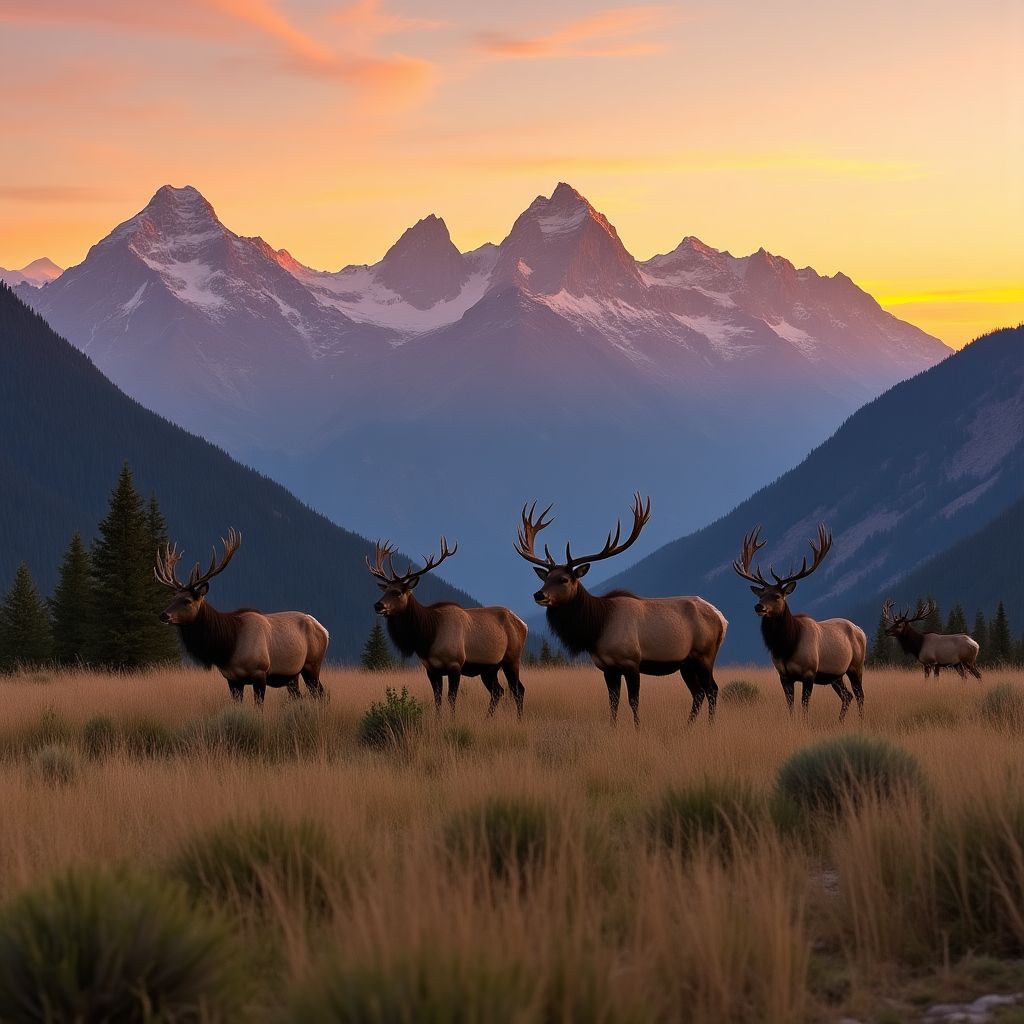 Elk herd grazing in mountain meadow