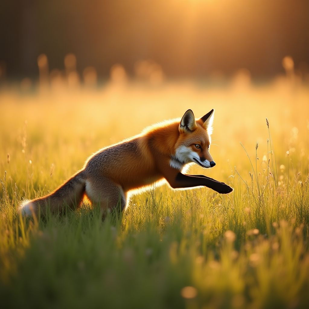 Red fox hunting in field