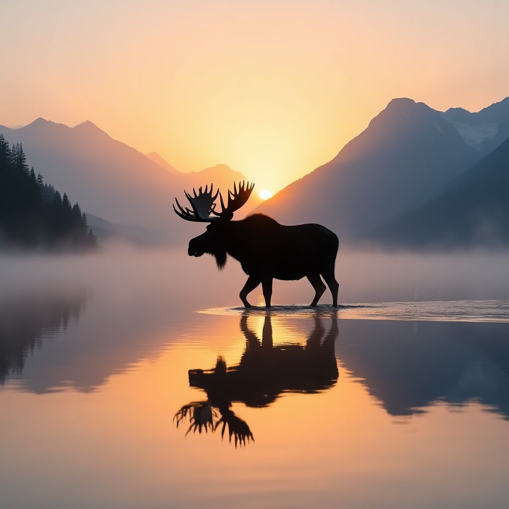 Bull moose crossing a misty lake at dawn