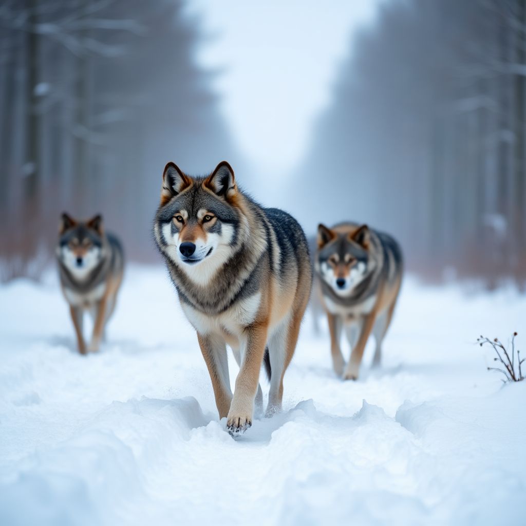 Wolf pack in snowy forest